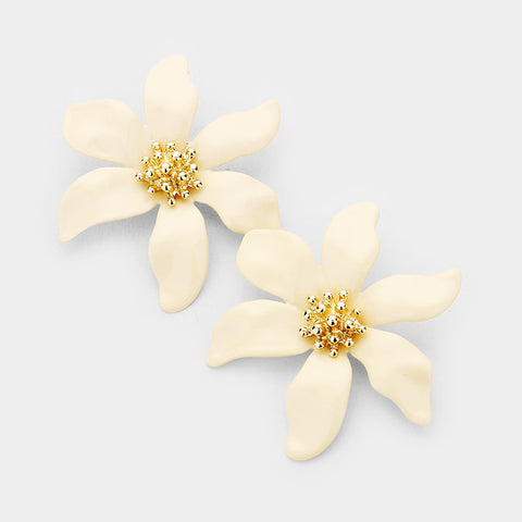 Large Flower with Gold Earrings - Ivory