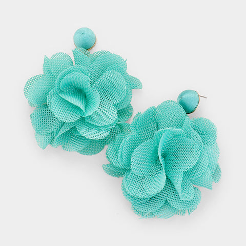 Flower Pom Pom Earrings- Turquoise