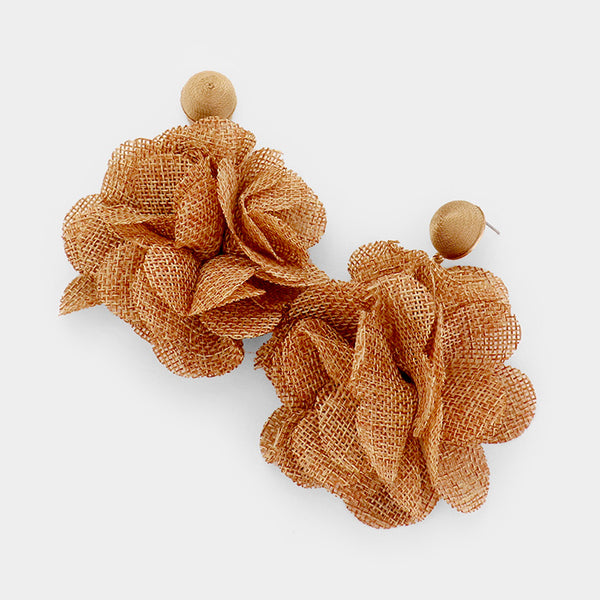 Flower Pom Pom Earrings- Brown