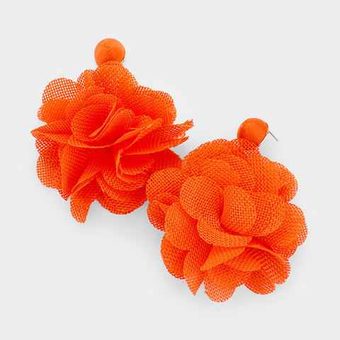 Flower Pom Pom Earrings- Orange