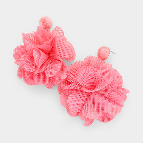 Flower Pom Pom Earrings- Pink