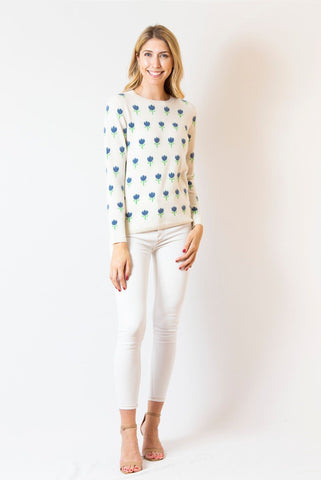 Tulip Print Sweater | ivory & cornflower