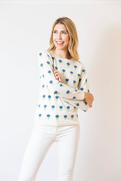 Tulip Print Sweater | ivory & cornflower