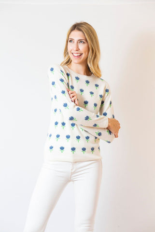 Tulip Print Sweater | ivory & cornflower