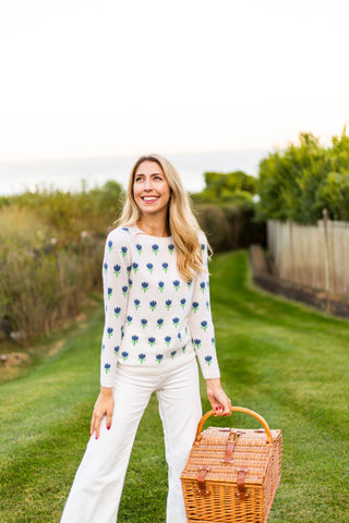 Tulip Print Sweater | ivory & cornflower