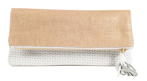 White Weave Leather with Silver Burlap Foldover Clutch